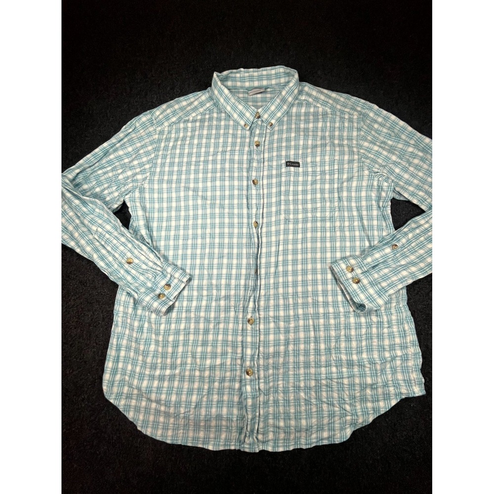 Columbia Sportswear Button Down Shirt Men XL Blue White Plaid Cotton Long Sleeve